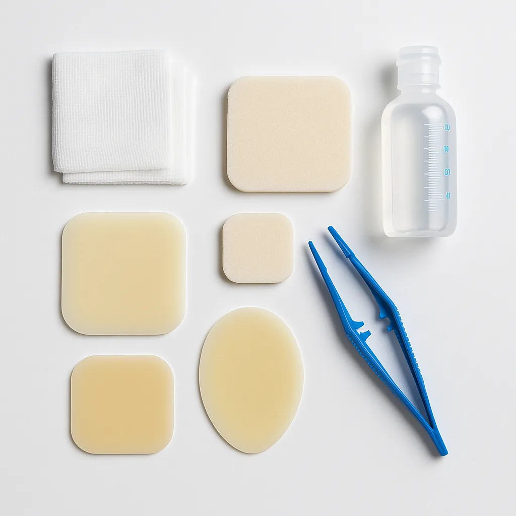 Set clínico cenital de cuidado de heridas con gasas estériles, apósitos de espuma e hidrocoloides, pinzas y suero salino sobre superficie blanca;