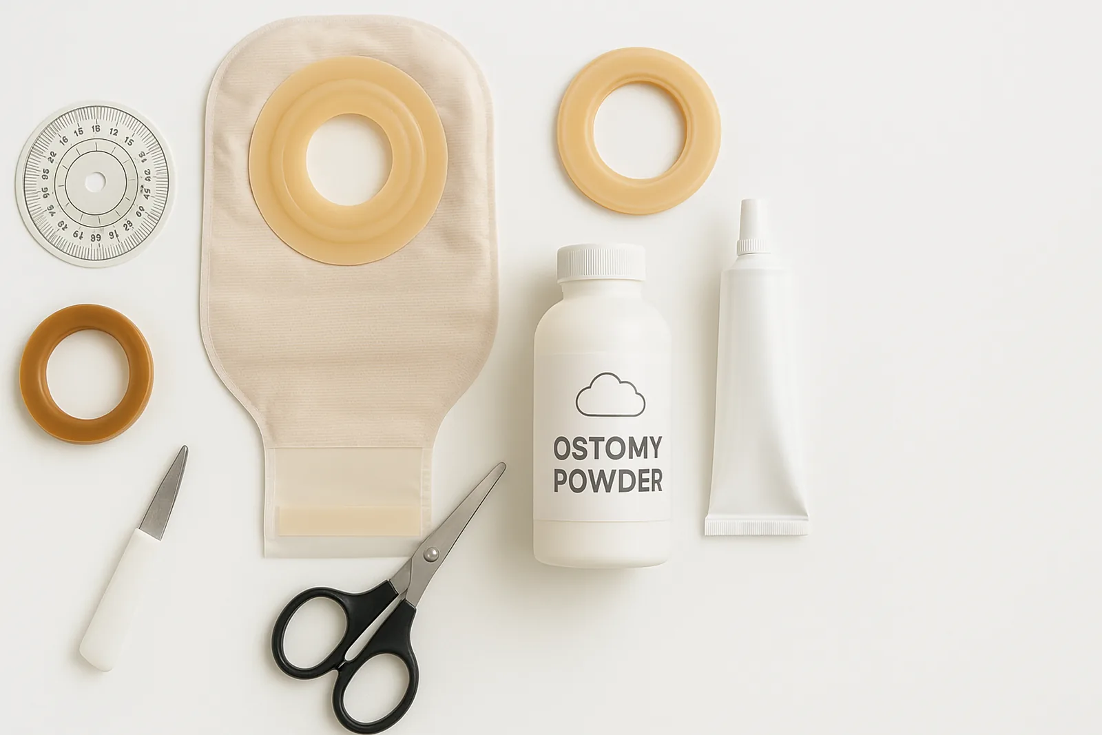 Cómo aplicar polvo para ostomía: botella de polvo, anillo y barrera