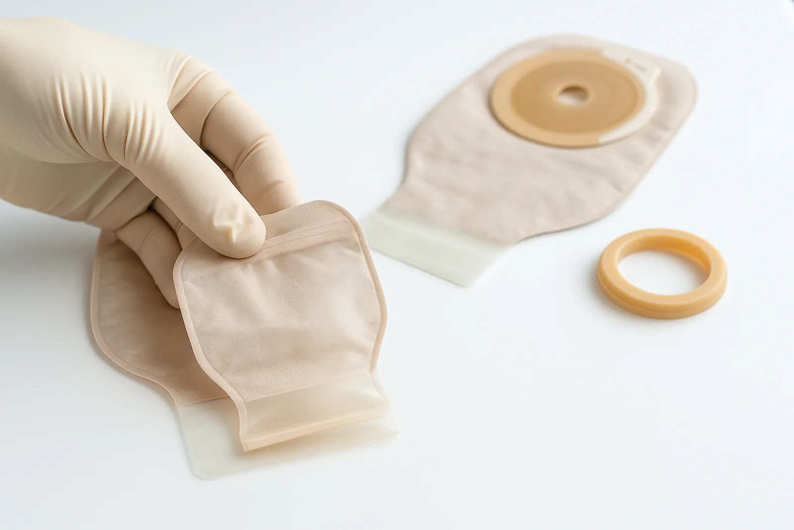 Bolsa de drenaje para ostomía: opciones de cierre y barrera en composición clínica.