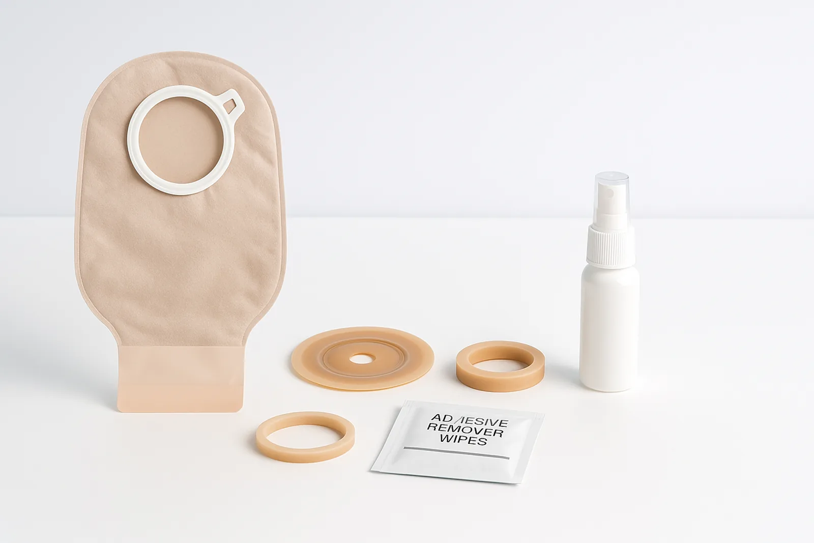 Glosario de ostomía: kit de bolsa y barrera con anillo y spray sobre fondo clínico.