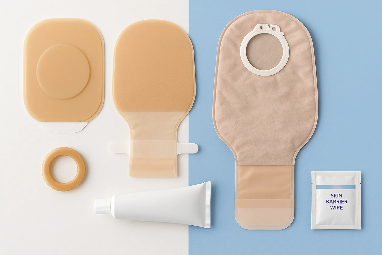Productos clave para ostomía: sistema, barrera, anillo, pasta y cuidado periestomal en kit clínico.