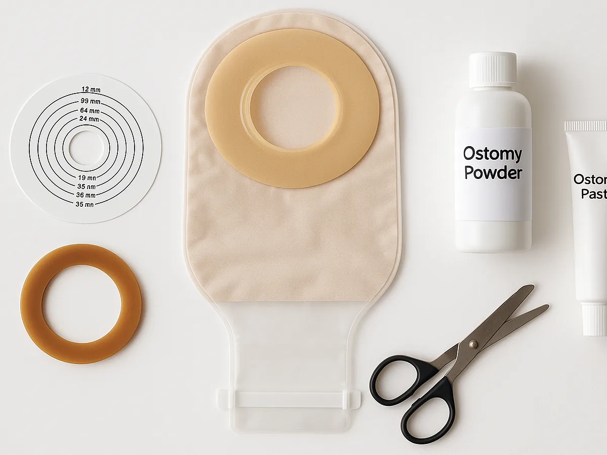Fugas en la bolsa de ostomía: bolsa, barrera, anillo, polvo, pasta, plantilla y tijeras sobre fondo blanco.