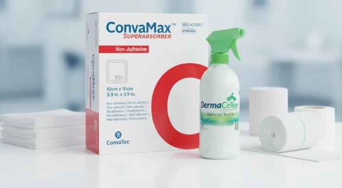 Productos para cuidado de heridas con apósito absorbente y solución limpiadora sobre fondo clínico, línea Cuidado de Heridas SIDSALUD.